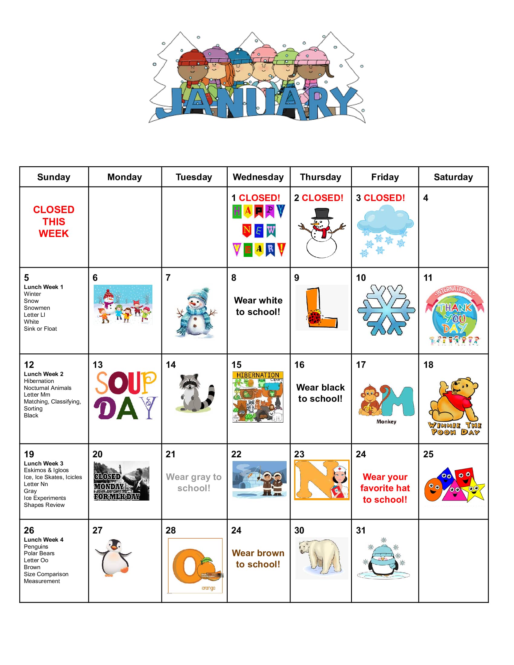 Monthly School Calendar