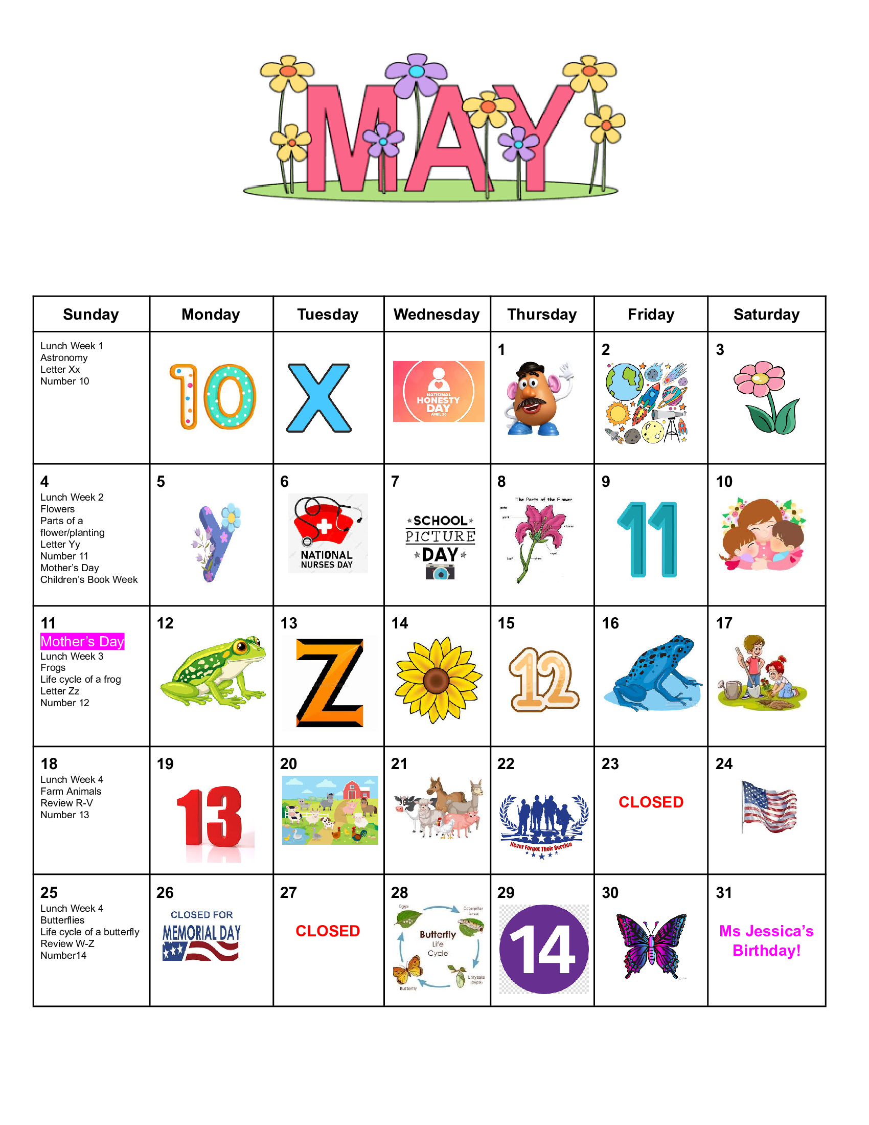 Monthly School Calendar