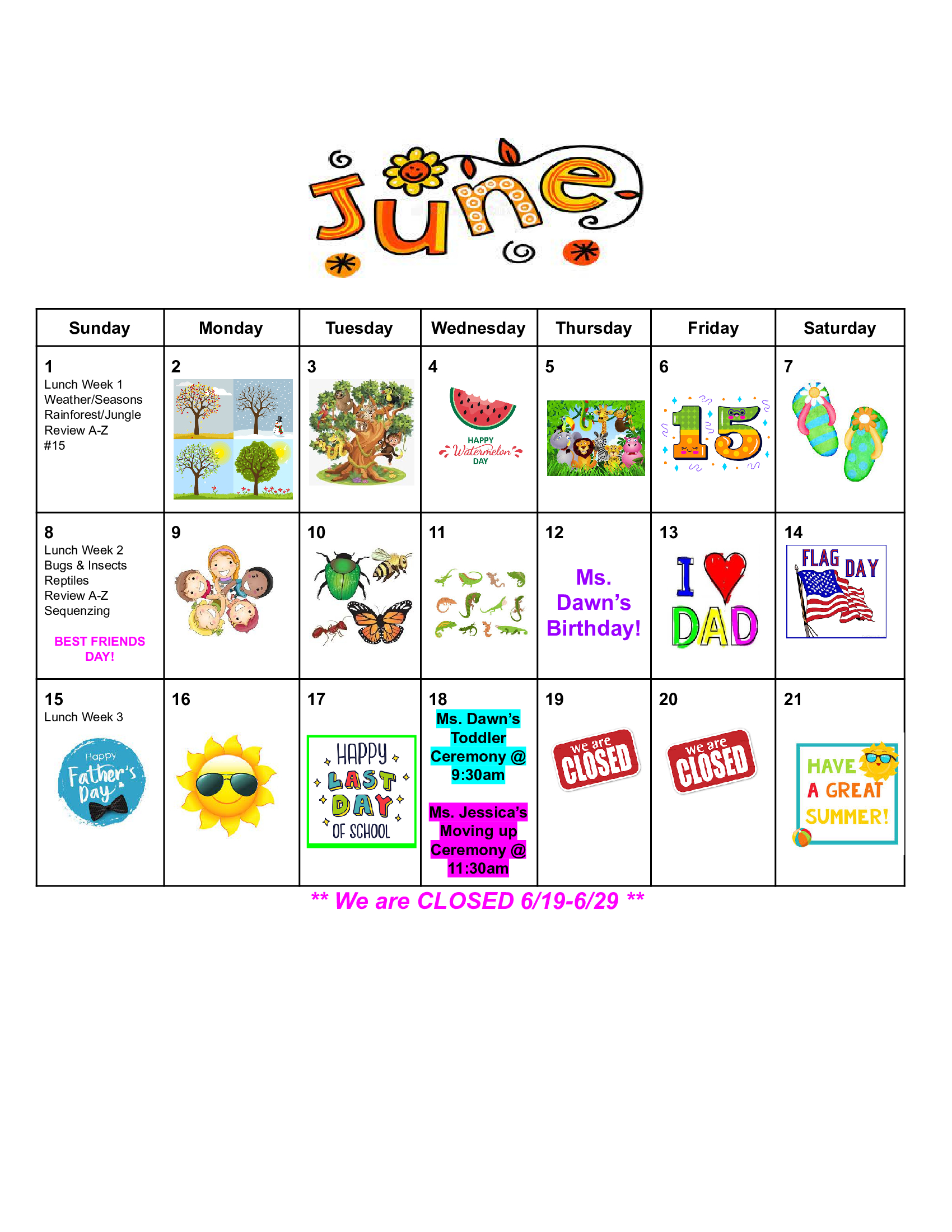 Monthly School Calendar